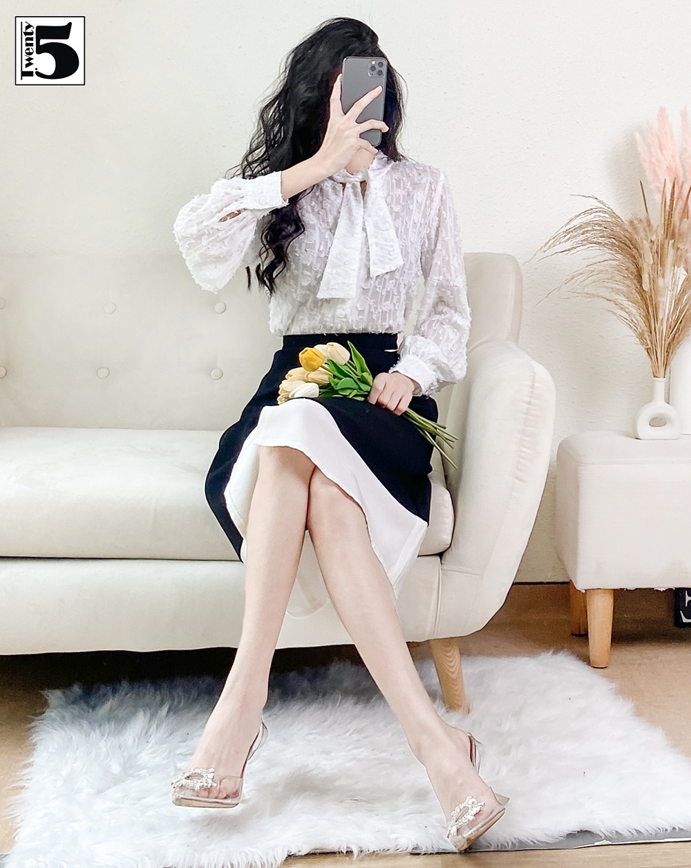 Chân váy dài, phối viền, xẻ tà Twenty.Five SC53