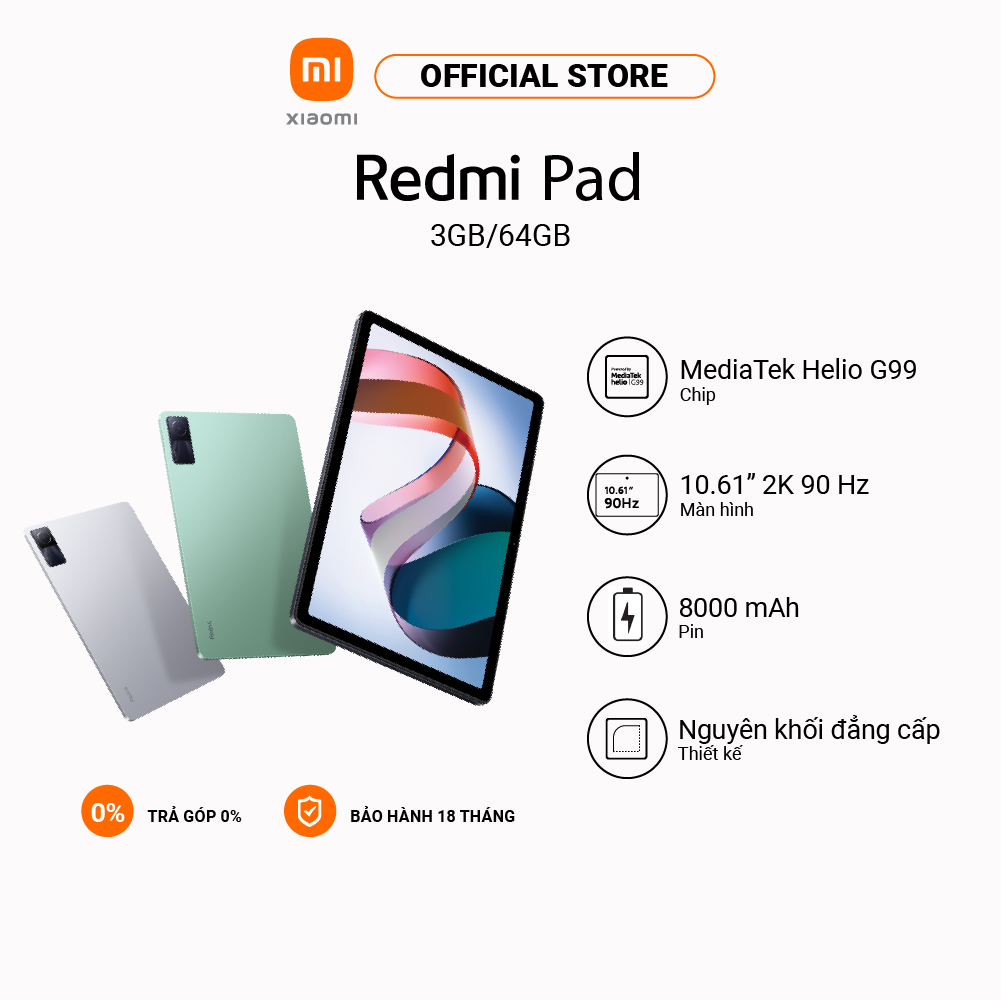 Máy tính bảng Redmi Pad | MediaTek Helio G99 | Pin 8000 mAh Sạc nhanh 18W | Màn hình LCD 90Hz