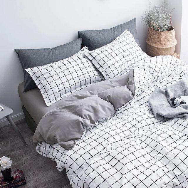 Cotton Poly Bộ Chăn Ga Gối Caro Trắng