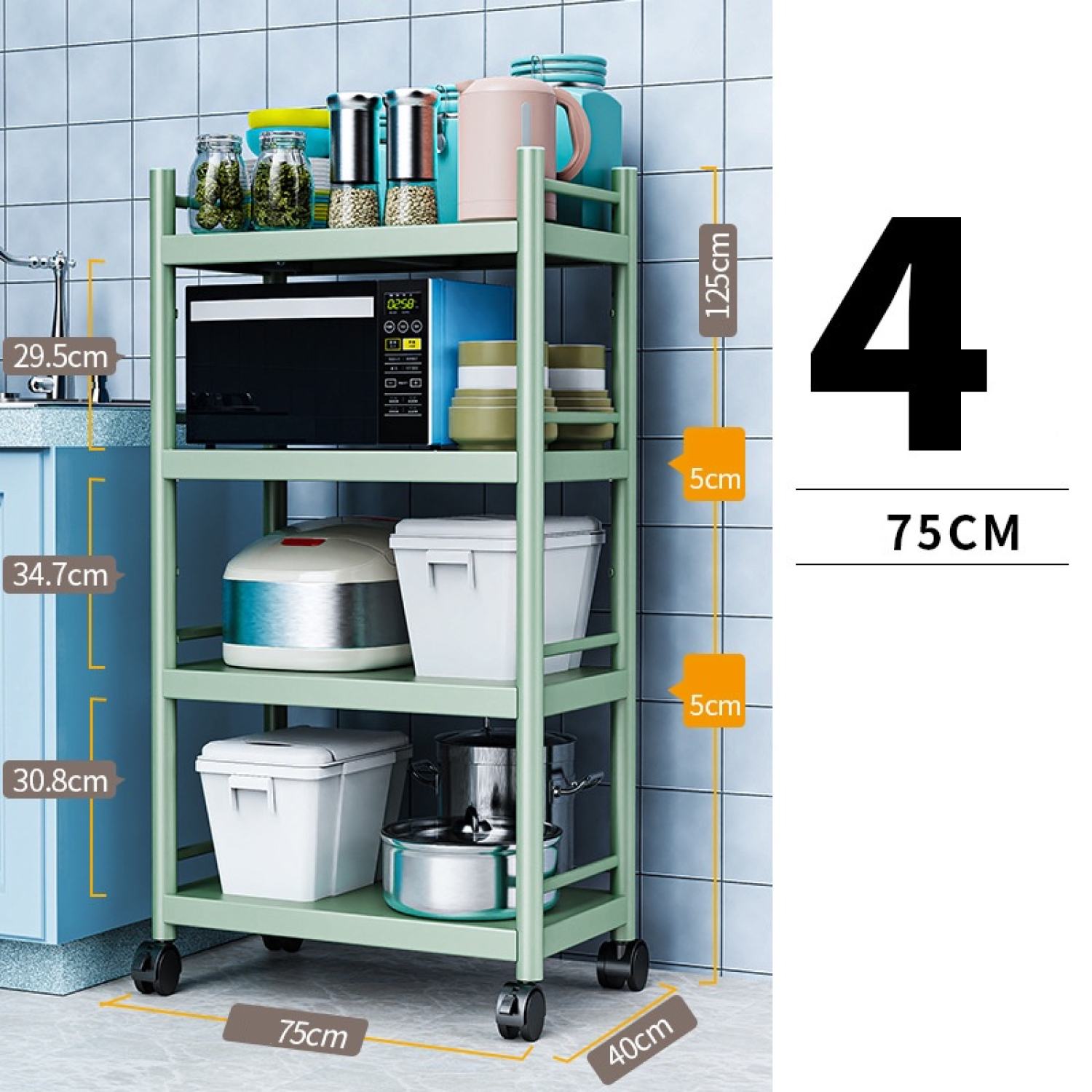 Kệ Để Lò Vi Sóng Đa Năng Nhà Bếp, Kệ Inox 4 Tầng Sơn 3 Lớp Tĩnh Diện Chắn Chắn, Chịu Lực 300kg Có Bánh Xe
