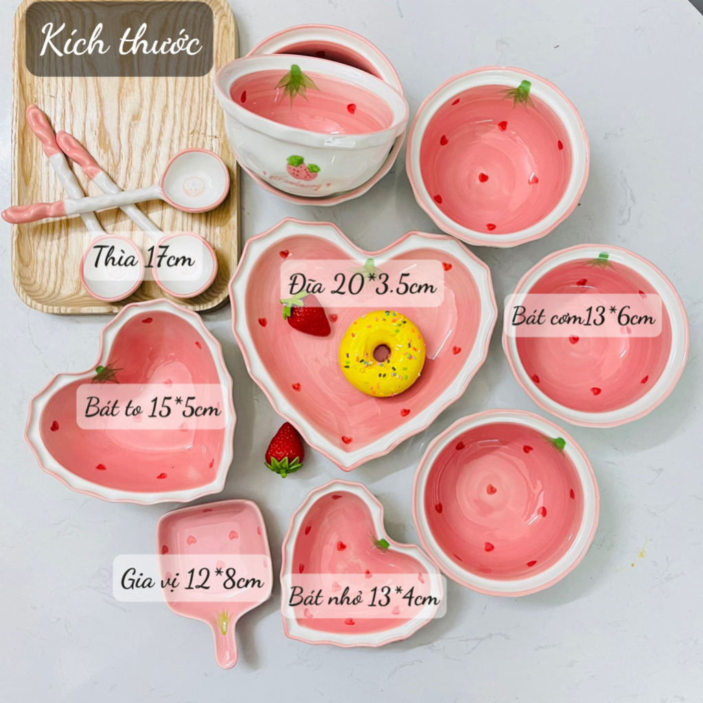 Bát đĩa decor, Bát ăn cơm, Chén Dĩa dễ thương tim dâu hồng siêu đẹp