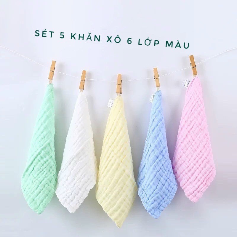 Set 5 Khăn Mặt Xô 6 Lớp Rửa Mặt nền màu siêu mềm Cho Bé