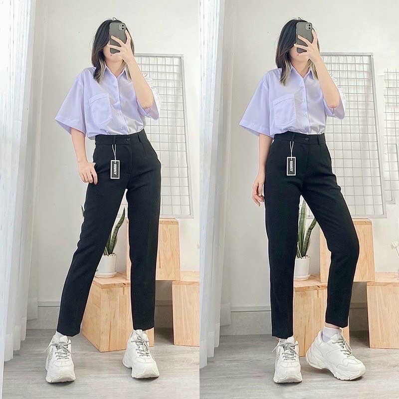 Quần baggy nữ đi học cạp có đai lưng đỉa, Quần vải tây công sở chất tuyết mưa kiểu dáng đẹp.