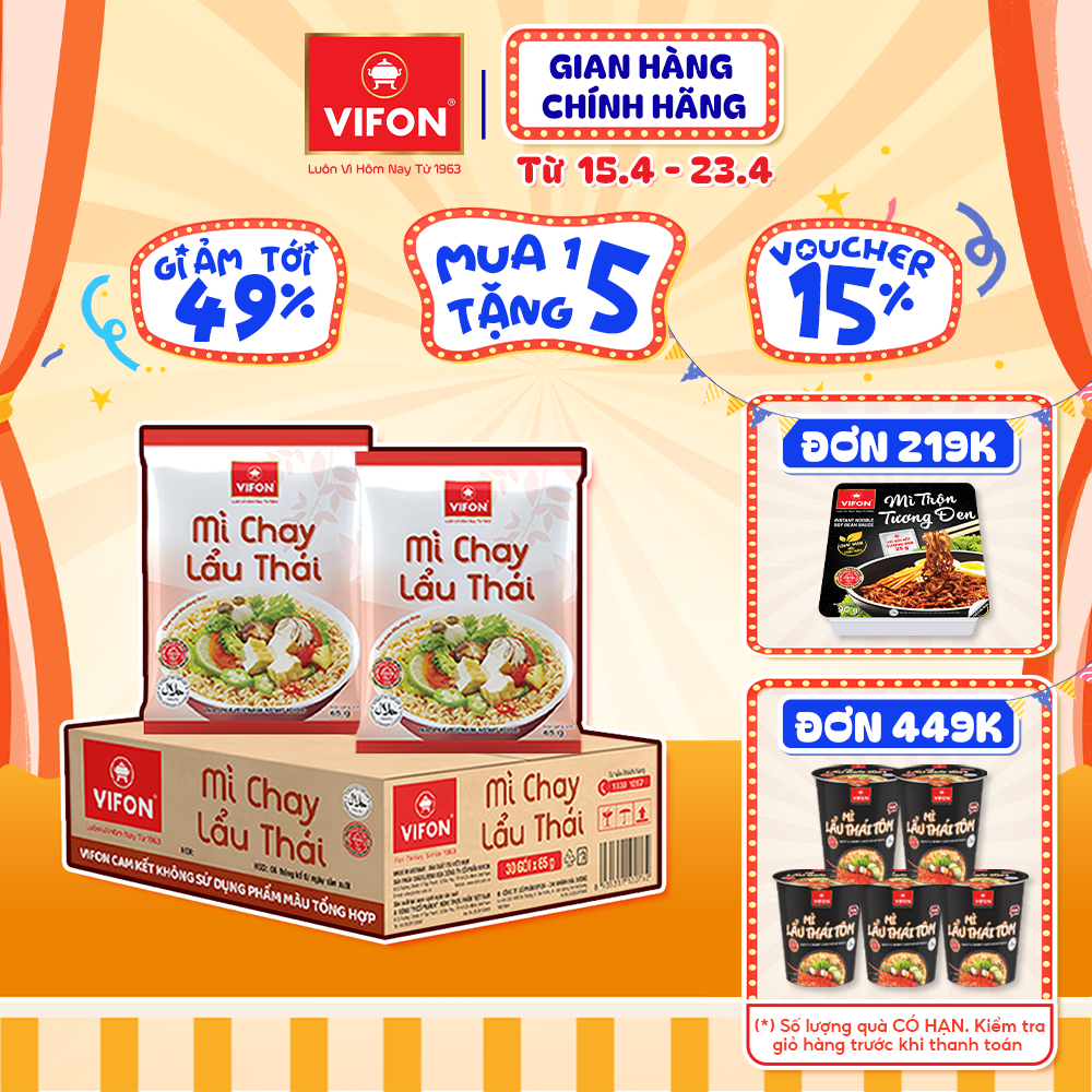 [VOUCHER đến 80K]-Thùng 30 gói Mì Chay Lẩu Thái VIFON 65gr/ Gói