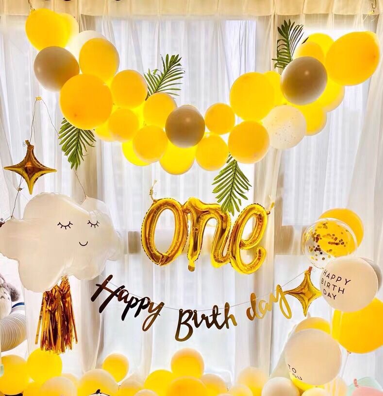 (MỚI ) set bóng trang trí sinh nhật , set bóng tông vàng cờ chữ happy birthday +tặng phụ kiện