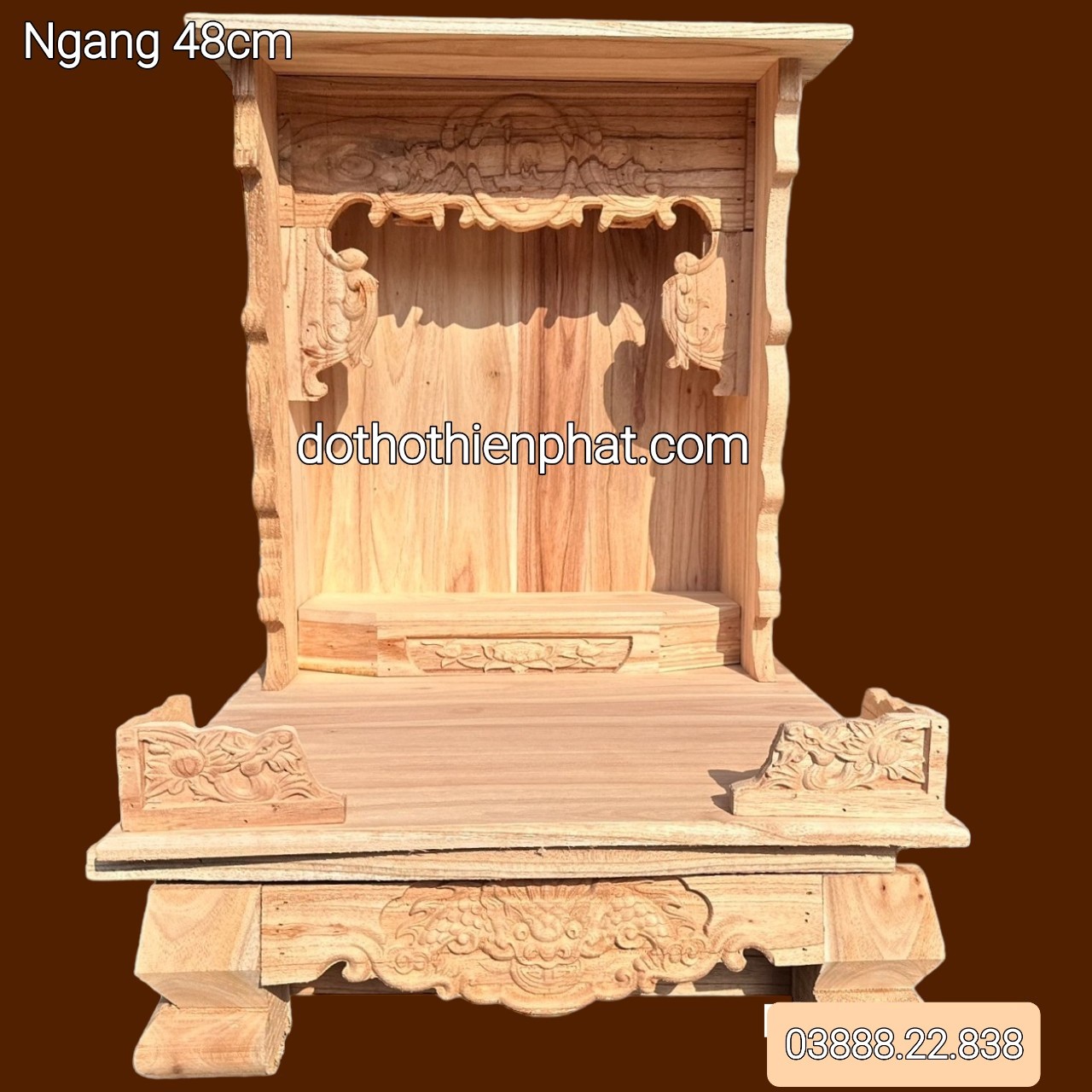 Bàn thờ thần tài ông địa gỗ xoan ngang 42cm hàng mộc chân quỳ kèm đôn gỗ mẫu mới
