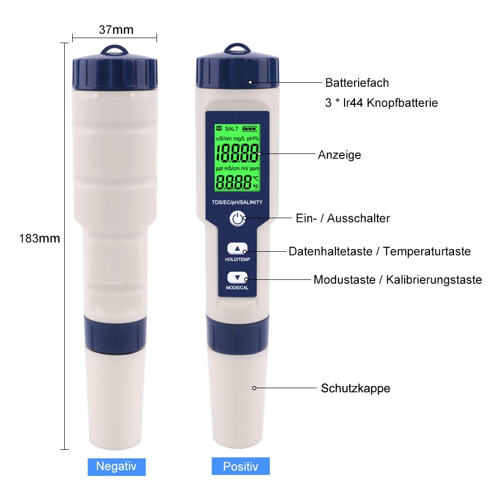 【Bút Kiểm Tra Chất Lượng Nước 5 Trong 1】Máy Đo Độ Mặn Và Độ PH 5 Trong 1, Đèn Nền Đo Độ PH/TDS/EC/Độ MặN/Nhiệt Độ