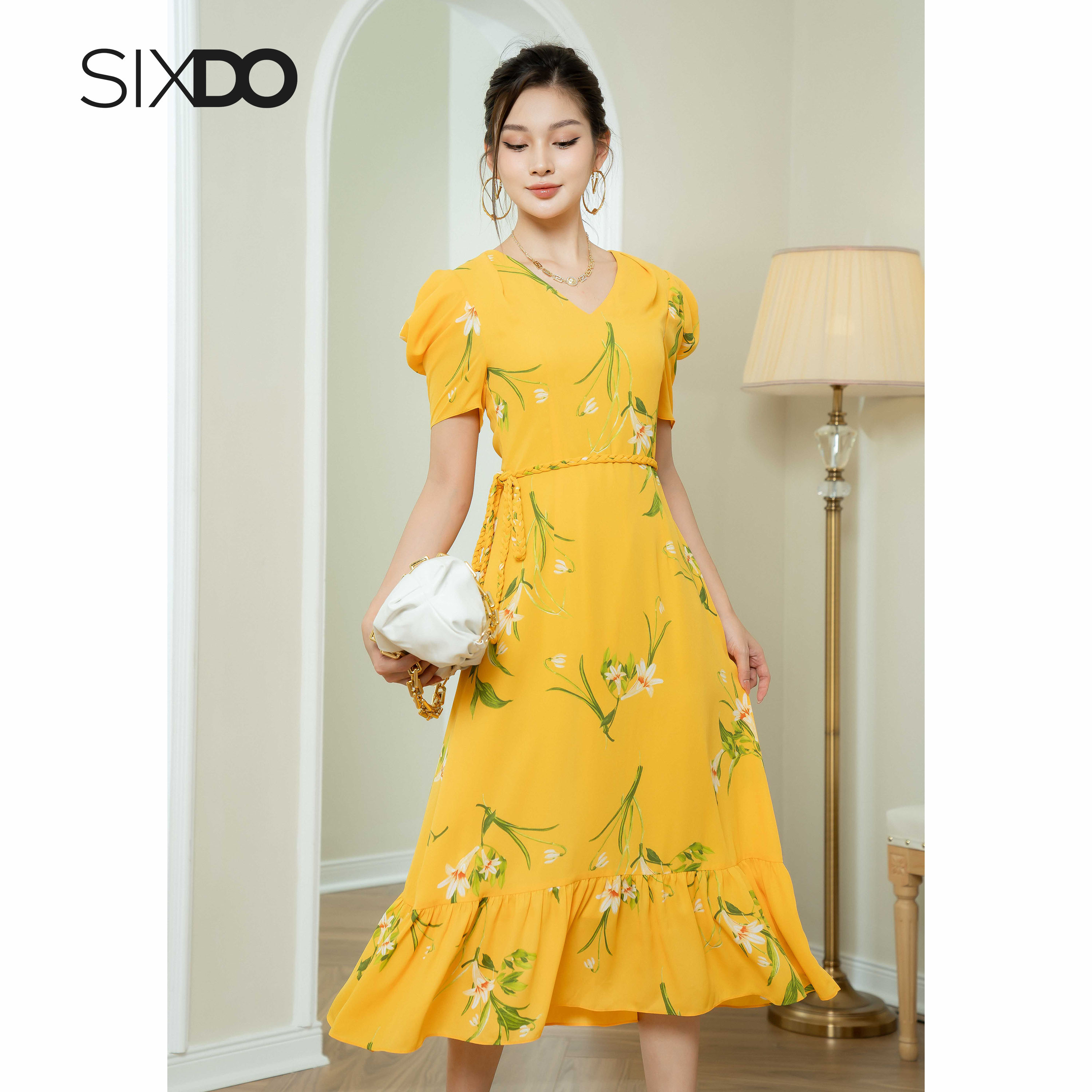 Đầm hoa chiffon vàng cổ V SIXDO (Yellow Floral Midi Chiffon Dress)