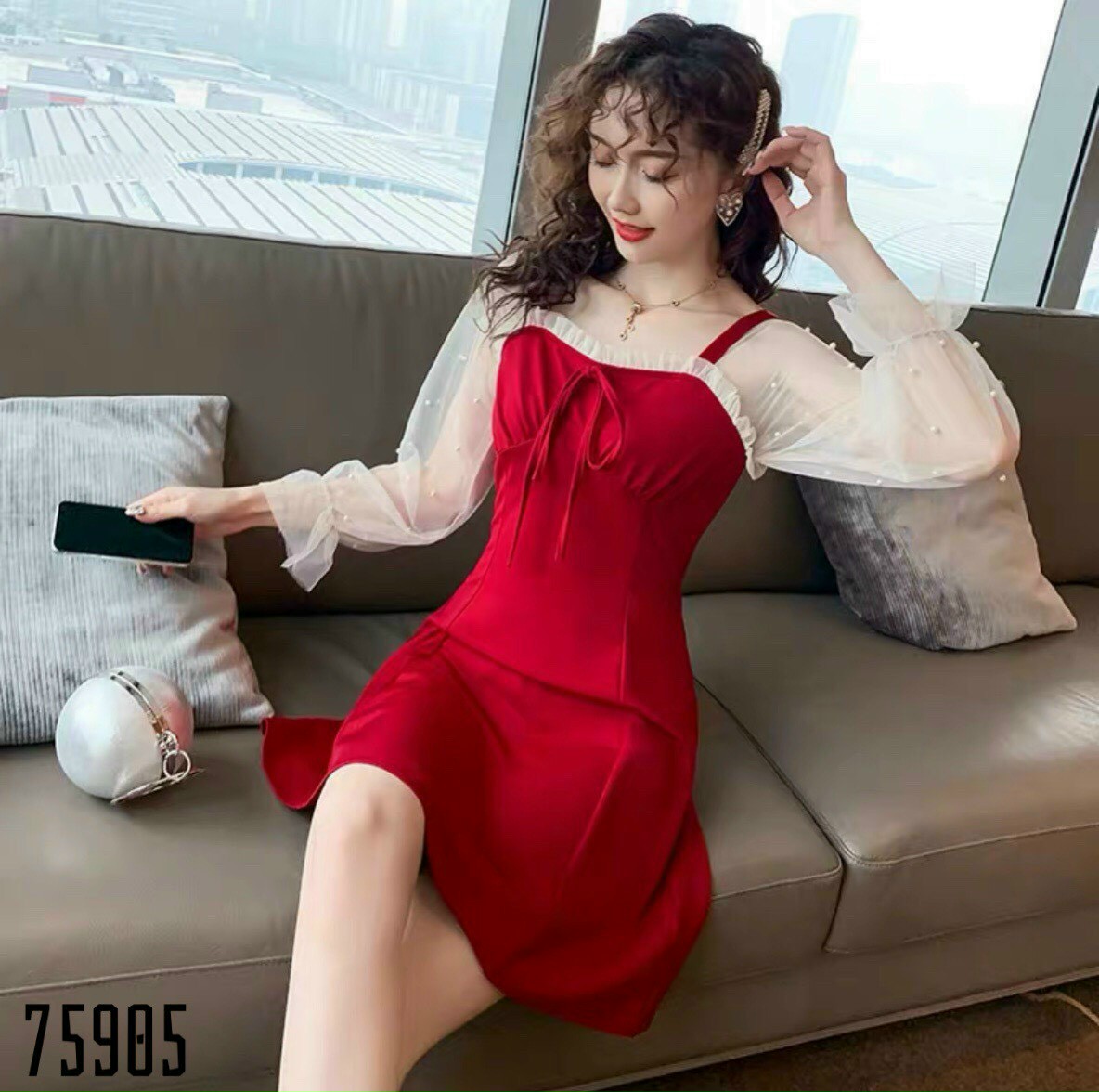 Đầm midi cổ vuông dáng xòe tay dài vải ren bo eo tôn dáng mặc đi chơi đi dự tiệc cực đẹp