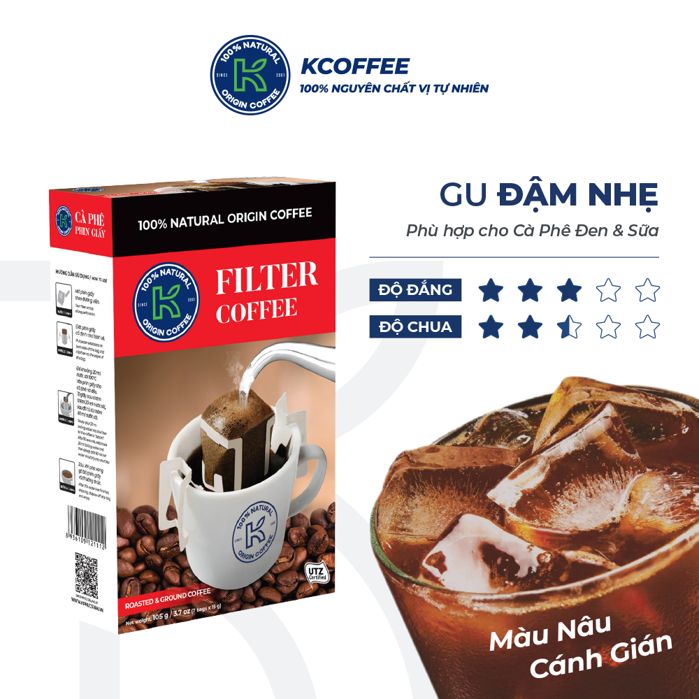 [COMBO MUA 2 TẶNG 1] Date 11/2026 Cà Phê Phin Giấy K Coffee Nguyên Chất Arabica & Robusta K Filter 105G (Hộp 7 Gói x 15G)