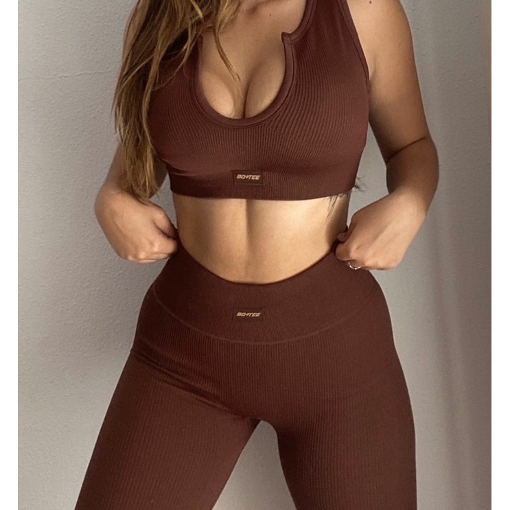 Set gym dài botee cổ U chất thun dệt gân