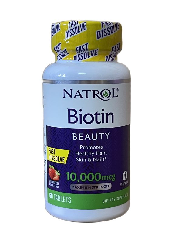 Viên ngậm Natrol Biotin 10,000 mcg Fast Dissolve Strawberry hỗ trợ mọc tóc, đẹp da móng tay 60 viên của Mỹ