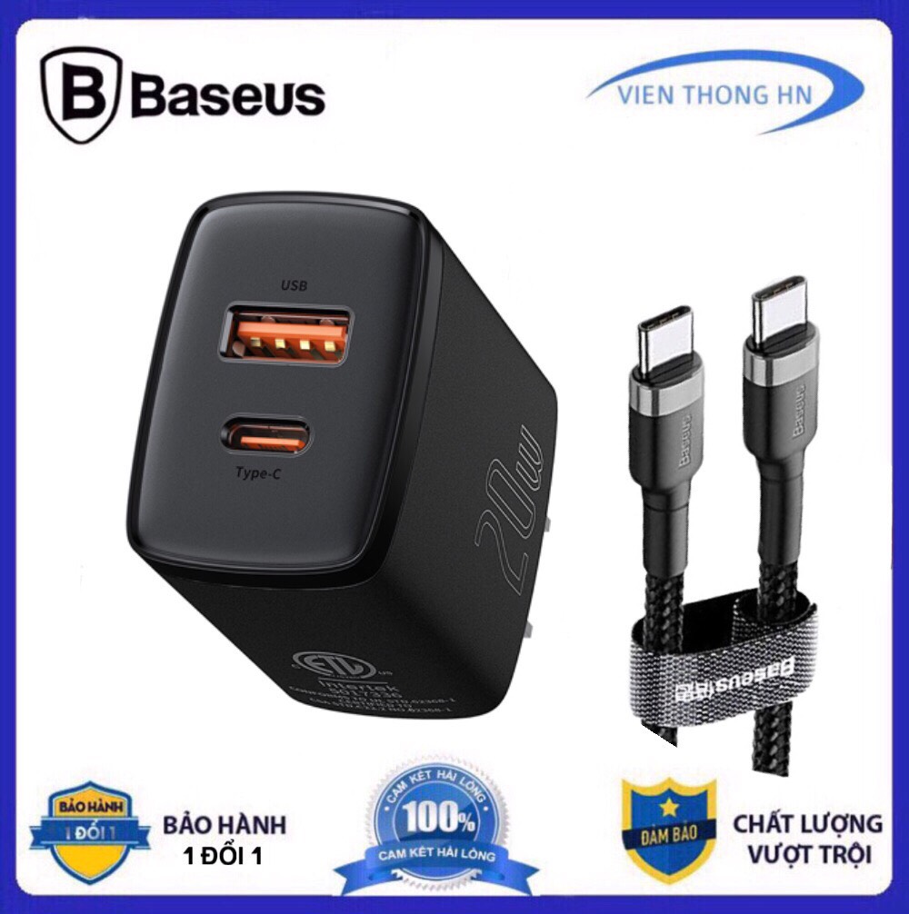 Bộ củ sạc nhanh Baseus 2 cổng pd 20w qc 3.0 kèm dây sạc 2 đầu type c  - cốc sạc kèm cáp sạc type c to type c cho samsung oppo,...vv - vienthonghn