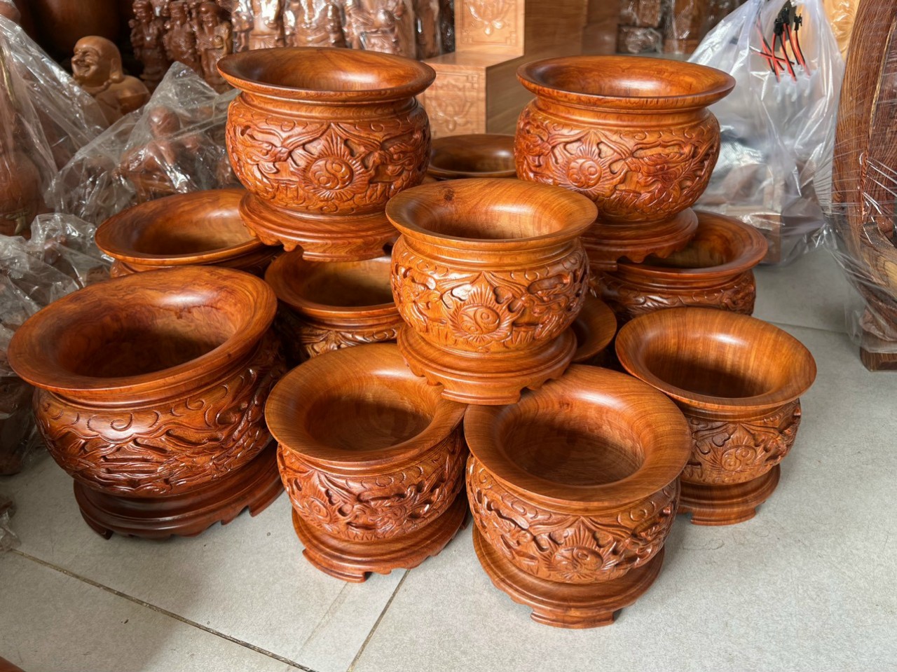 Bát nhang gỗ hương chạm nhiều kích thước