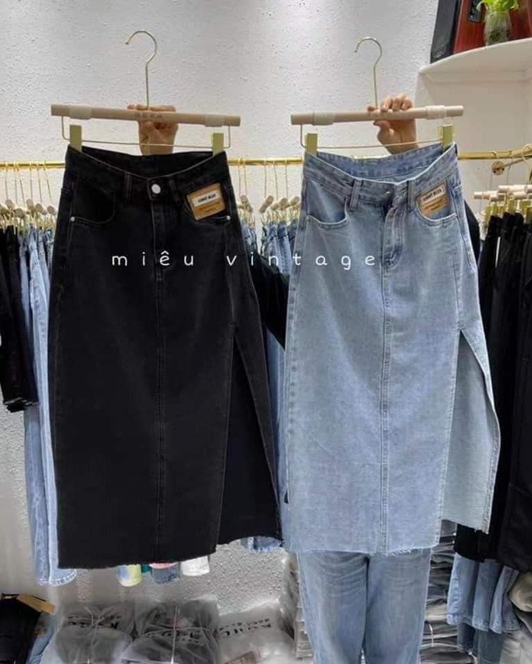 Chân váy bò xẻ mác túi
