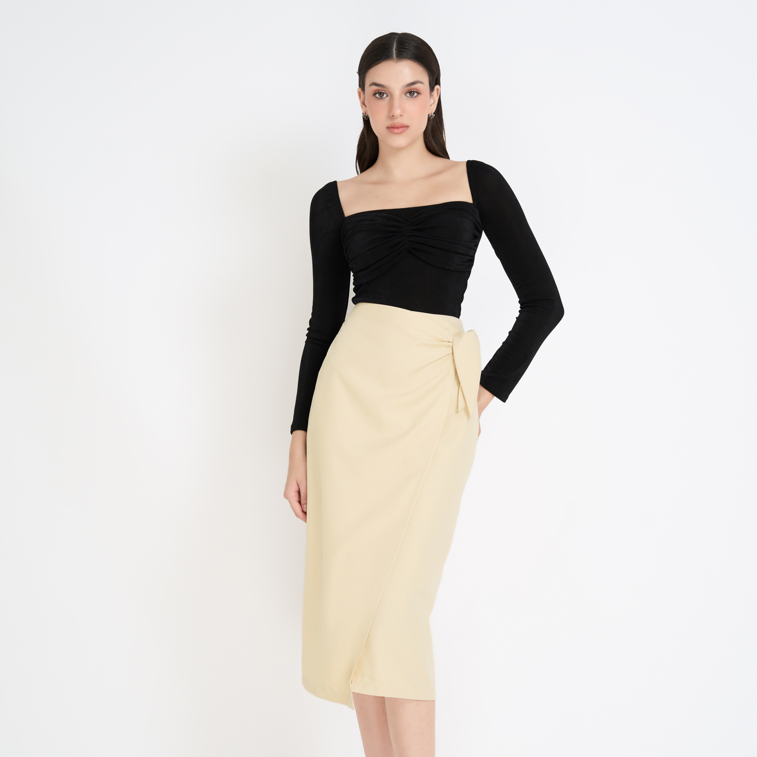 Chân váy midi cotton lạnh cột nhún Maybi