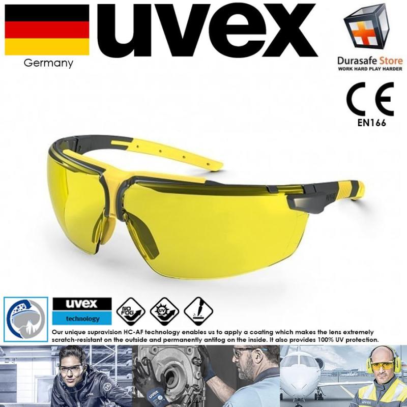 Kính Uvex 9190220 I-3 Safety Glasses Sand Frame Amber Supravision HC-AF Len Gọng phối Đen Vàng\ Tròng Vàng Mơ (tặng kèm hộp đựng kính)