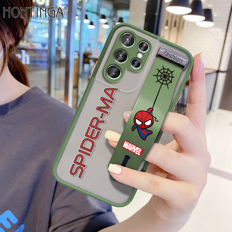 (With Wristband)Hontinga Casing Case For Samsung Galaxy S21 Ultra 5G Shockproof Marvel Spider-Man Cartoon Transparent Phone Case Soft Edge Full Lens Camera Protector Back Cover Hard Case For Boys