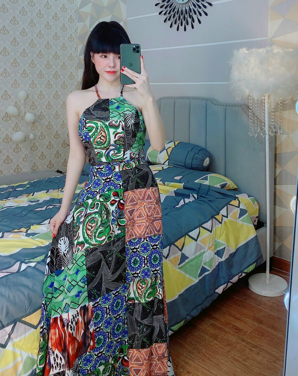 Maxi cổ yếm hở lưng thổ cẩm-ZU