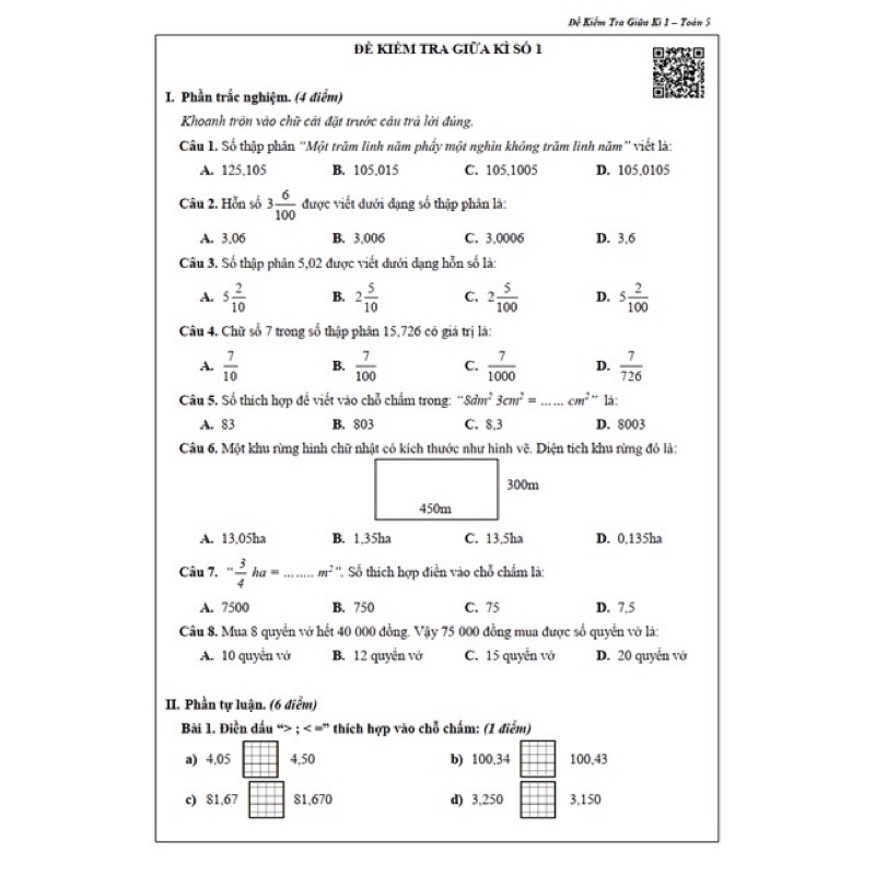 Sách - Đề Kiểm Tra Toán Lớp 5 - Học Kì 1 (1 cuốn)