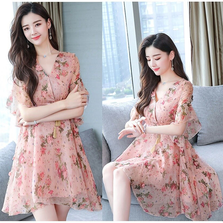 [HCM]Đầm Đính Hoa Thắt Dây Eo Thanh Lịch