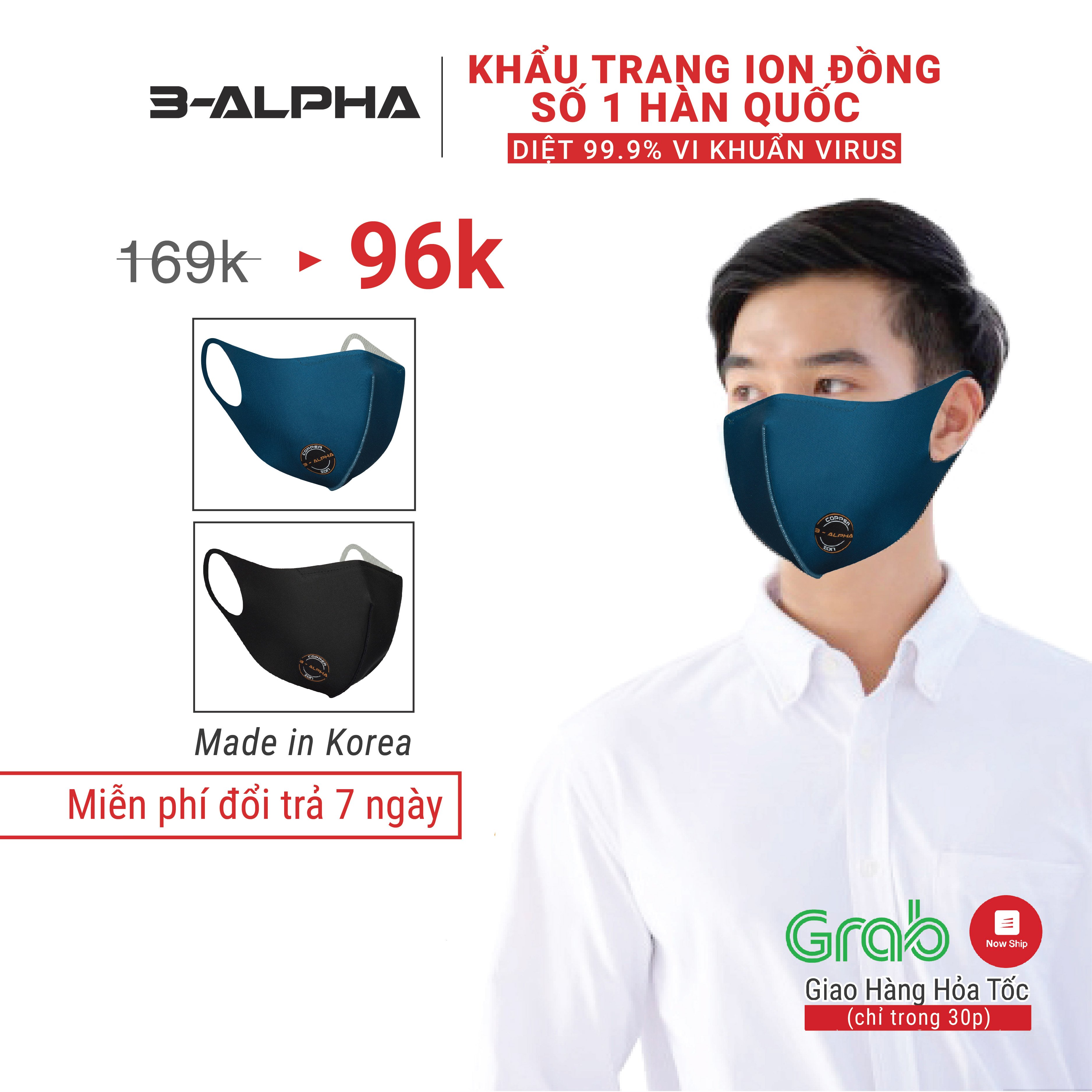 Khẩu trang vải cao cấp Hàn Quốc 3-ALPHA công nghệ ION ĐỒNG, vô hiệu hóa 99.9% vi khuẩn, virus, tái sử dụng 6-9 tháng