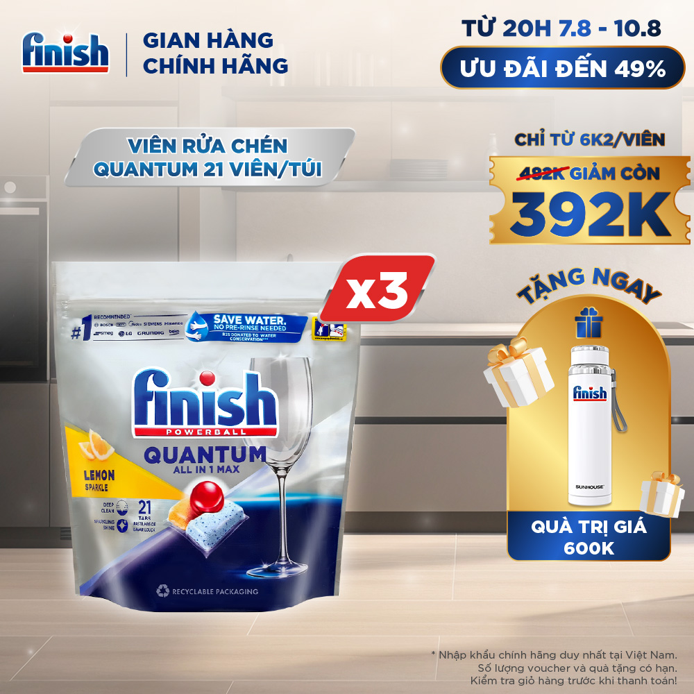 Combo 03 túi Viên Rửa Chén Bát Finish Powerball Quantum 21 viên