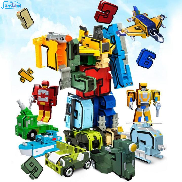 FunsLane 10 ชิ้น 0-9 หุ่นยนต์ปริศนา Creative Assembling Building Block Puzzle ดิจิตอลตุ๊กตาแปลงสภาพหุ่นยนต์เปลี่ยนเครื่องบินรถเด็กของขวัญของเล่นเพื่อการศึกษา Building Block Assembling Action ของเล่นรุ่น