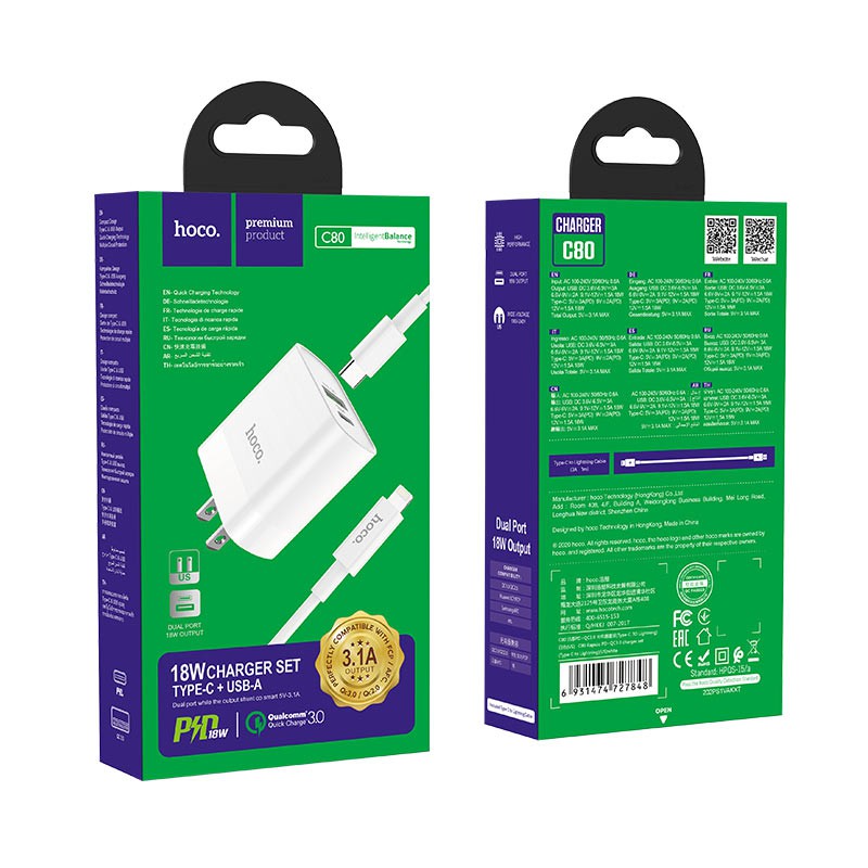 Bộ củ sạc hoco c80 type c/lightning - hỗ trợ sạc nhanh qc3.0
