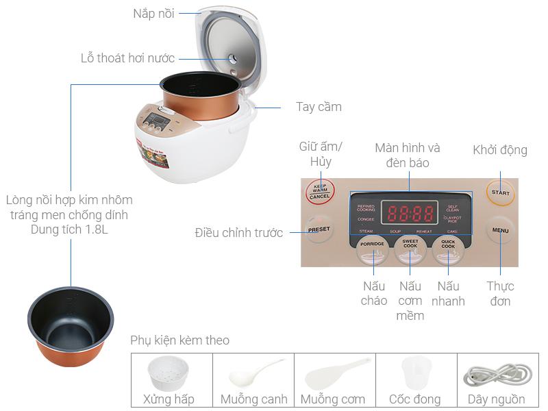 Nồi cơm điện tử Sharp KS-COM181CV-GL XẢ KHO ( 9 chức năng nấu, công nghệ nấu 2D,giữ ấm tới 12 tiếng,hẹn giờ nấu xong 24 tiếng. )