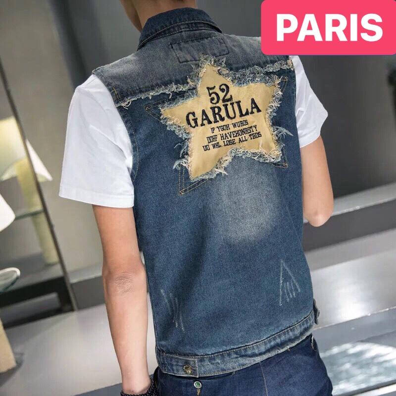 ÁO KHOÁC JEAN NAM CHẤT BÒ XANH NGẮN TAY THÊU NGÔI SAO KHÁ BẢNH CAO CẤP - PARIS FASHION
