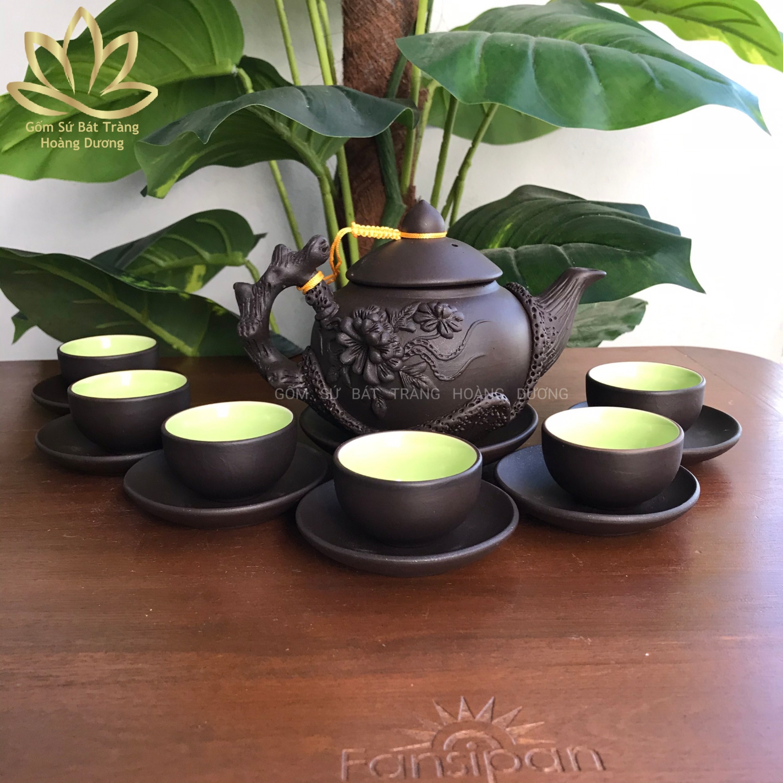 (Hàng nghệ nhân) Bộ ấm chén Bát Tràng đất nung tử sa hoa phù dung 400ml màu đen