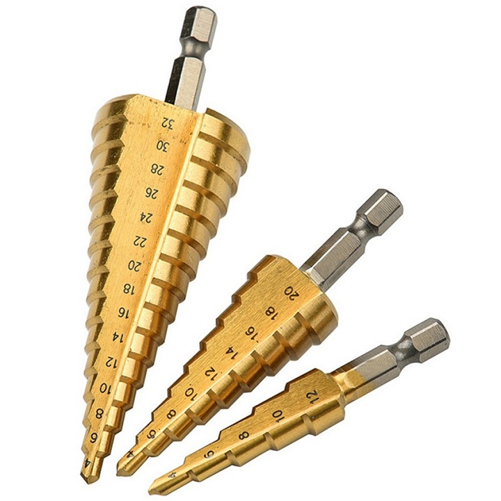 Bộ 3 mũi khoan tháp titanium 4-32mm khoan sắtnhôm...trục 6.35mm