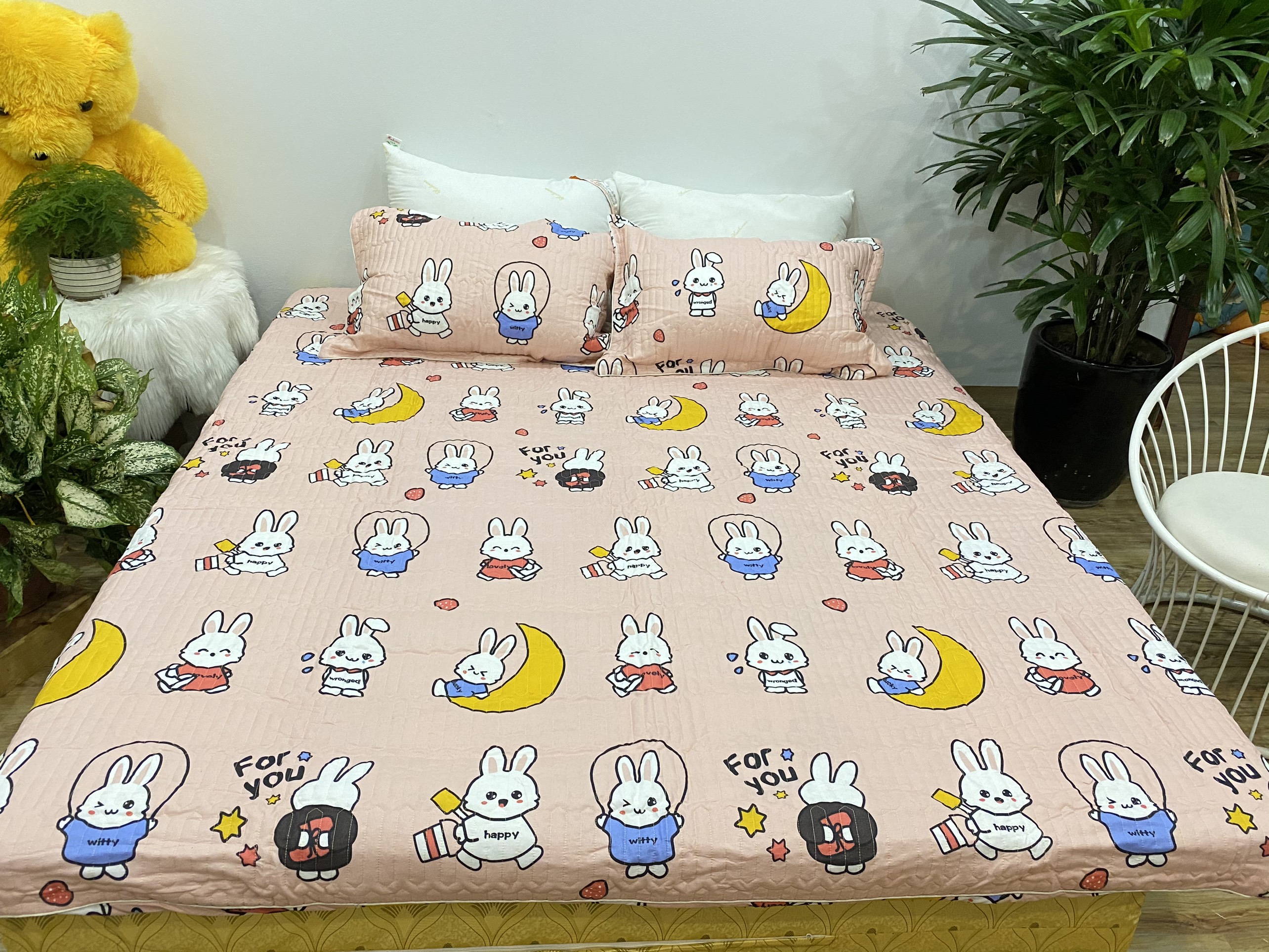 Bộ Ga Gối 3 Món Chất Liệu Cotton Poly Mẫu Thỏ