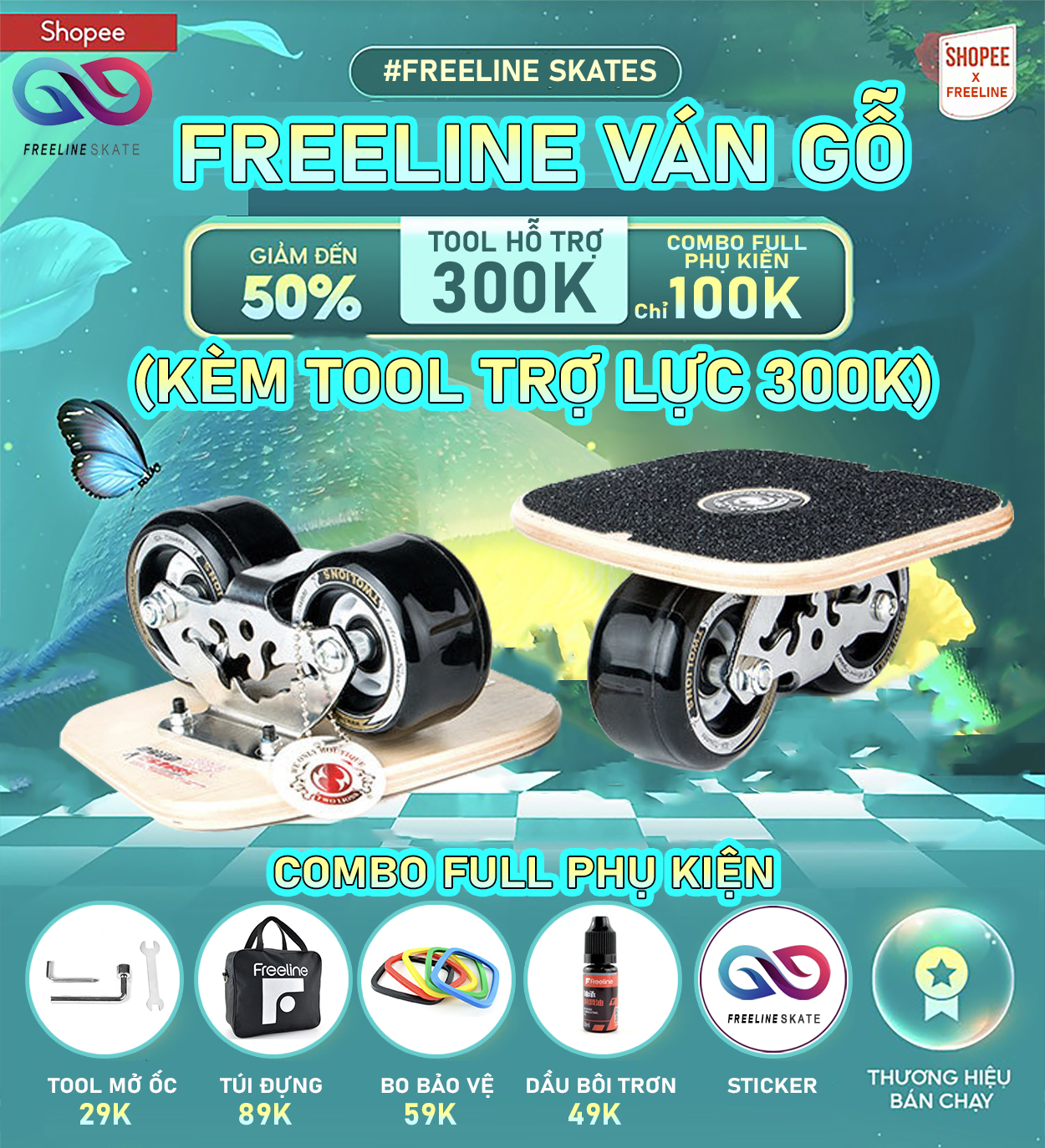 [TOWLION] VÁN TRƯỢT FREELINE SKATE GỖ BÁNH XỊN (SIÊU BỀN, NHẸ VÀ LƯỚT)