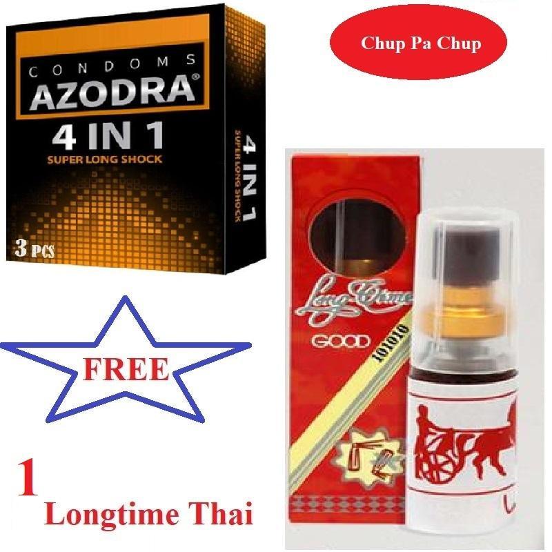 Combo 1 hộp Bao cao su gân gai kéo dài thời gian AZODRA tặng 1 Chai Xịt Longtime nhập khẩu