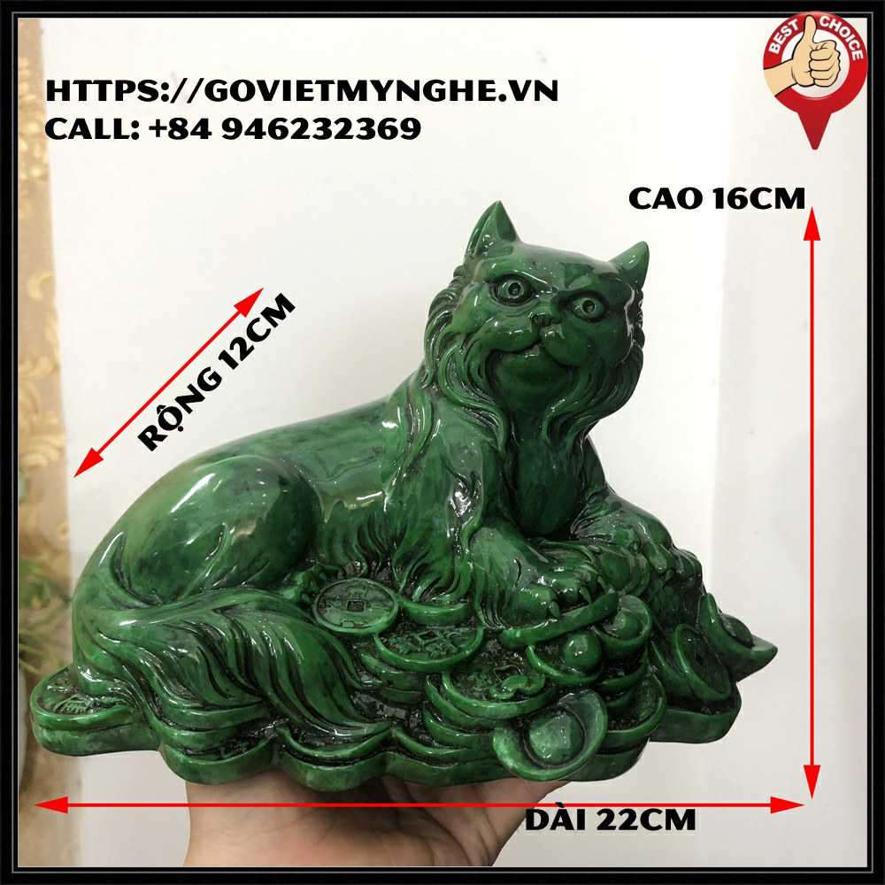 Tượng đá con Mèo cát tường trang trí phong thủy bàn làm việc - Dài 22cm - Màu nhũ đồng