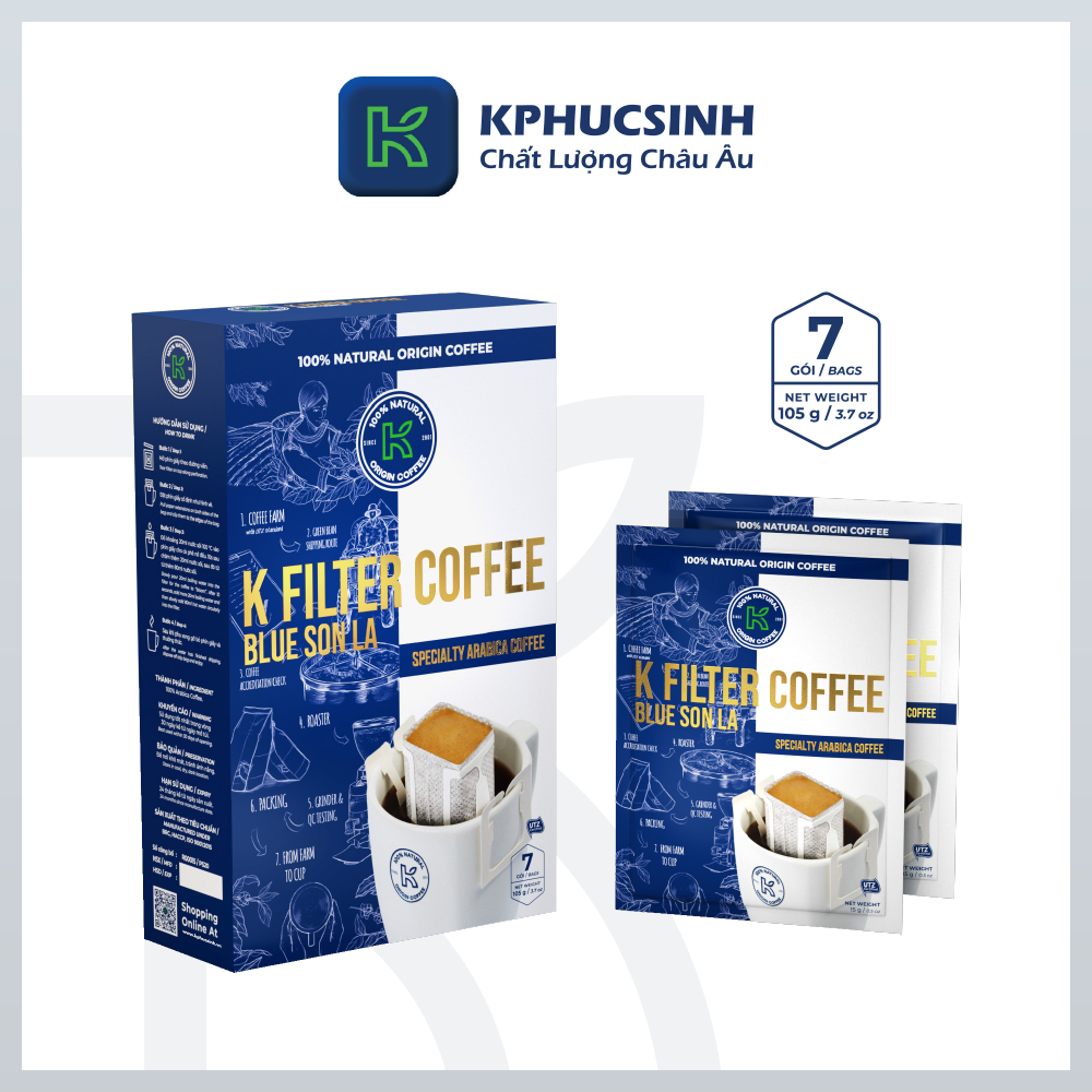 Cà Phê Phin Giấy K Coffee Filter BLue Sơn La 100% Arabica Hộp 7 gói x 15g