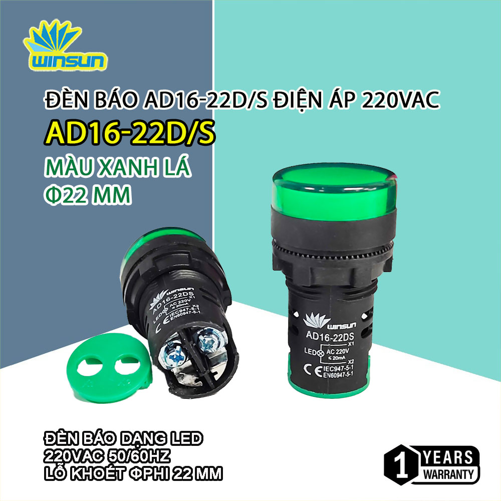 Đèn báo pha phi 22, báo nguồn phi 220V - AD16 5 Màu Winsun