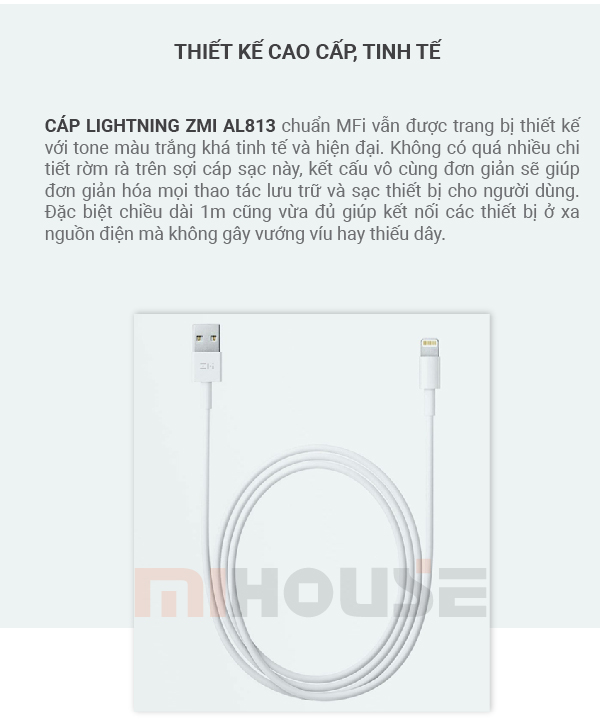 Cáp ZMI AL813 USB Cable Lightning MFI dùng cho iPhone Ipad (White) 100cm