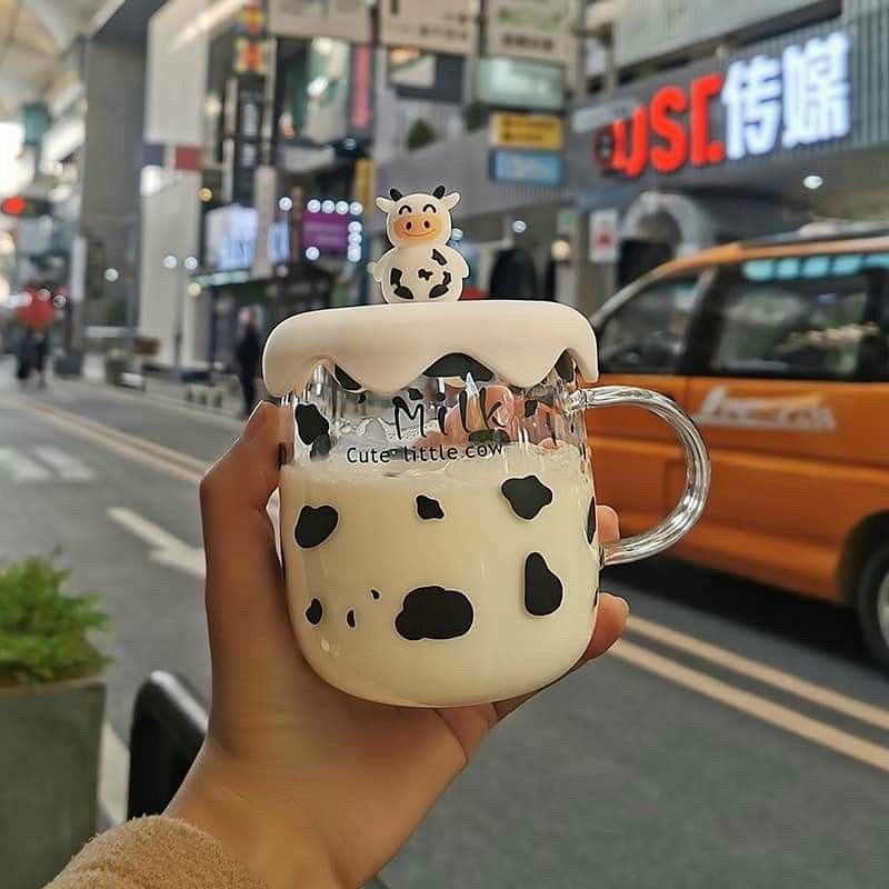 Cốc nước bò sữa thủy tinh cute