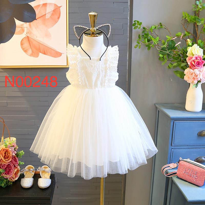 Váy xoè công chúa trắng ren nổi cho bé gái