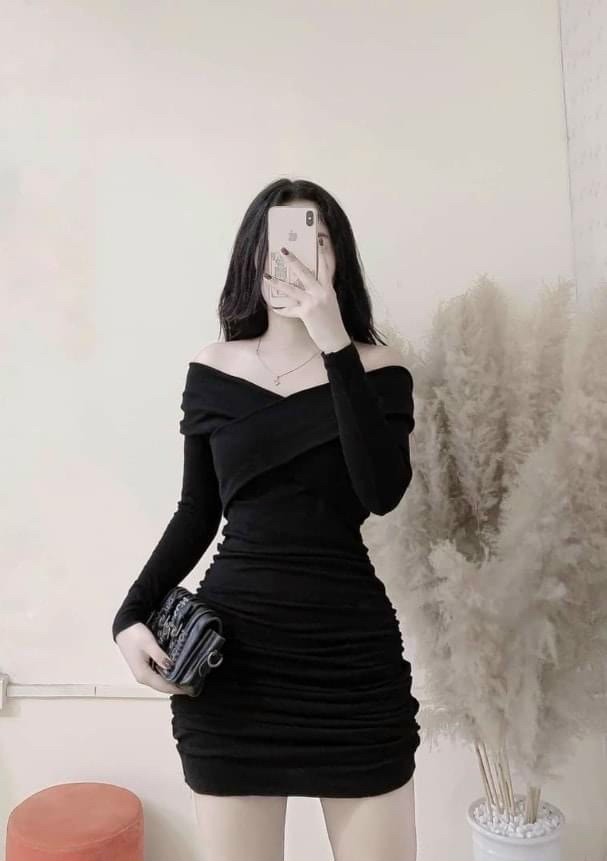 Đầm Body Nhún 2 Bên , Chất Liệu Thun Gân Thiết Kế Cổ Chữ V Bệt Vai Tay Dài