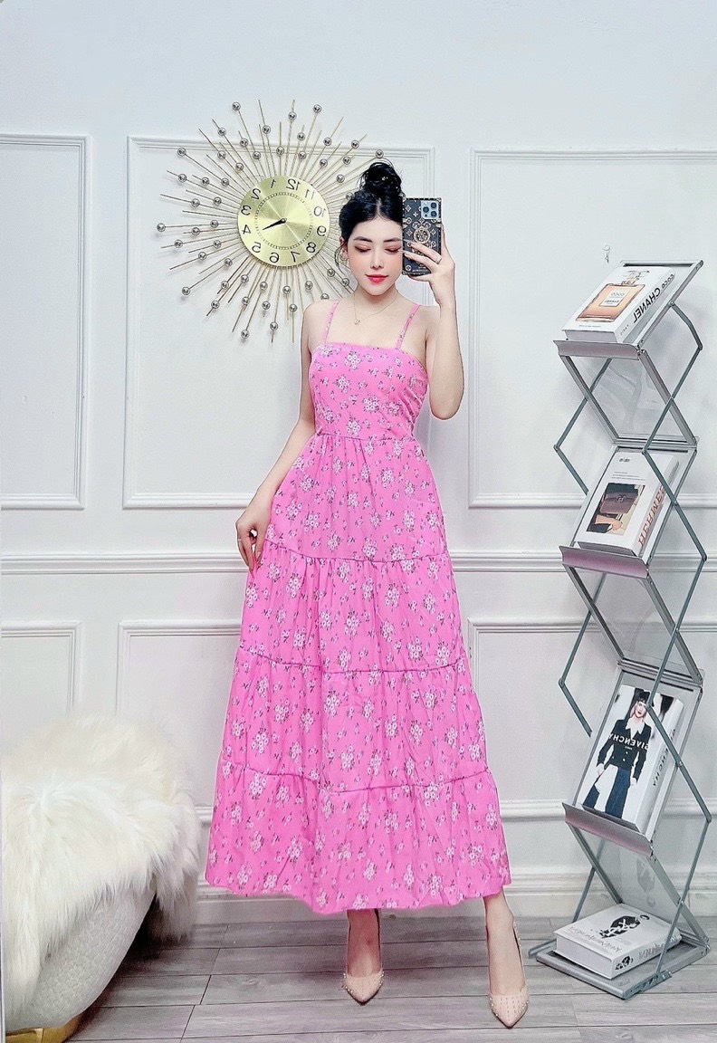 Đầm hai dây gấp ngực maxi hoa