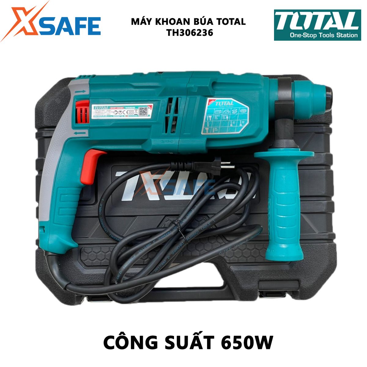 Máy khoan búa cầm tay 3 chức năng 650w TOTAL TH306236 đầu gài sds plus, tốc độ 1700v/p, tốc độ búa 5500bpm. Lực búa 1.7j, khả năng khoan bê tông 22mm, thép 10mm, gỗ 25mm, kèm 3 mũi khoan Máy khoan đục bê tông