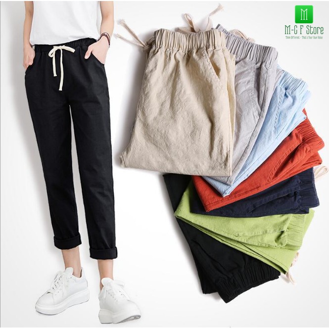 Quần baggy nữ cạp chun chất thô đũi