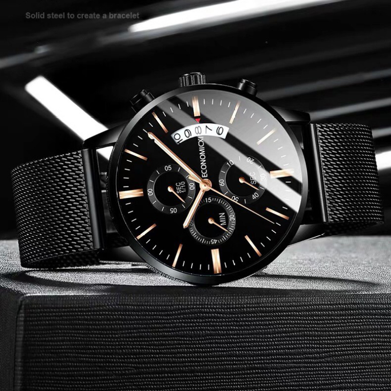 Đồng hồ nam dây thép lụa đen ECONOMICXI chạy lịch ngày New Design 40mm DZTV01 - Bảo hành 12 tháng