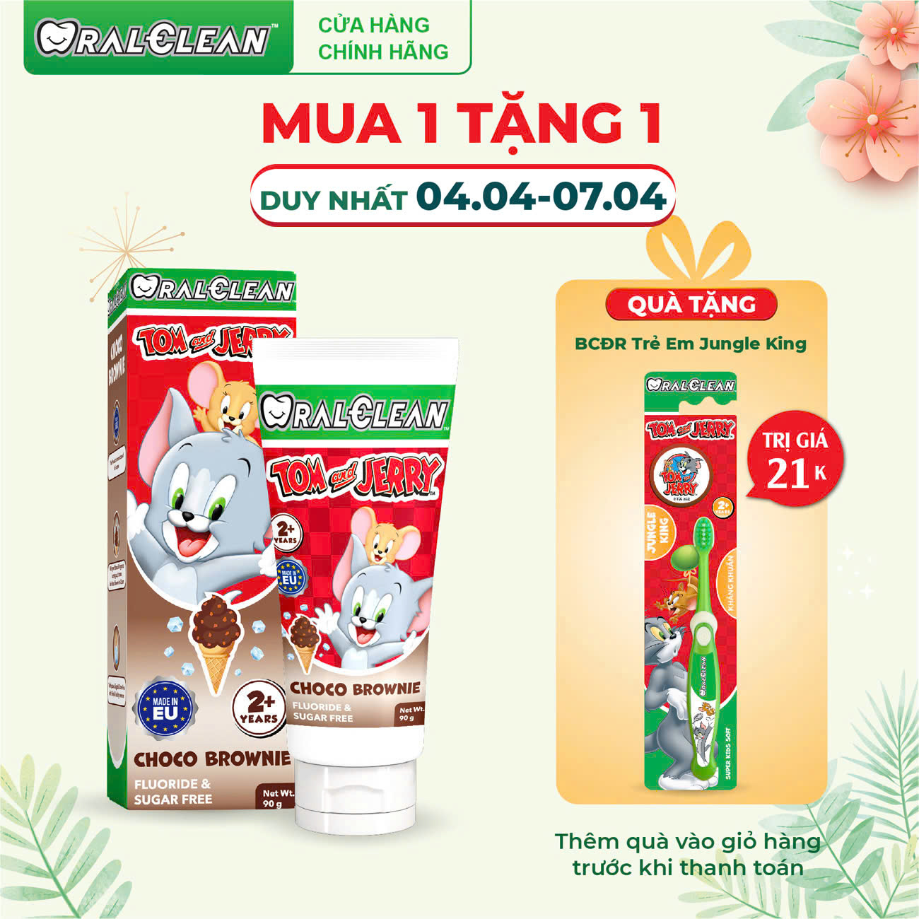 Kem Đánh Răng Cho Bé Socola OralClean Tom And Jerry Choco Brownie 75ml – Ngừa Sâu Răng, An Toàn Cho Trẻ Từ 2 Tuổi