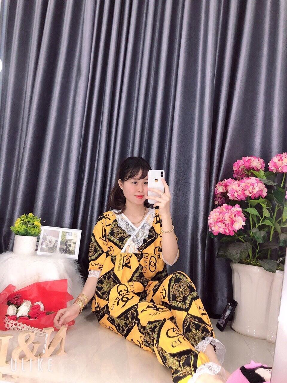 [HCM]Set Đồ Bộ Nữ  Tay Ngắn Quần Dài Phi Lụa Phối Ren trắng Siêu Sang