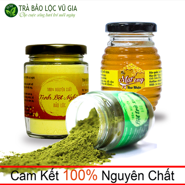 Combo Bột Trà Xanh 100g + Tinh Bột Nghệ 100g + Mật Ong Nhãn 100ml Nguyên Chất Vũ Gia - Đã được kiểm nghiệm y tế